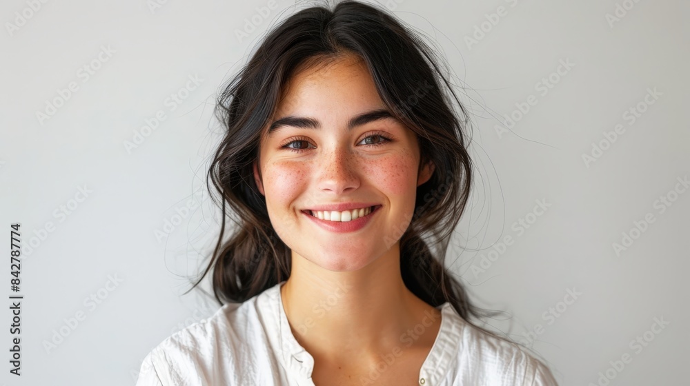 Portrait of happy young woman with dark hair smiling and looking at camera on white background Portrait of happy young woman with dark hair smiling and looking at camera on white background