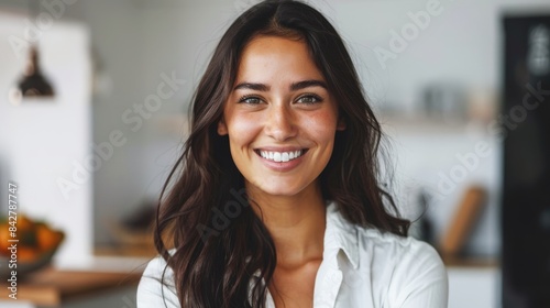 Portrait of a beautiful smiling woman looking at the camera while standing in a kitchen, close up