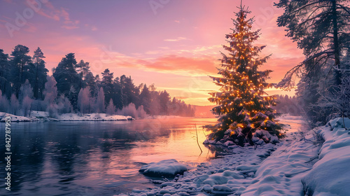Illuminated christmas tree into the forest close to river in warm and magenta tones at sunset © sornram