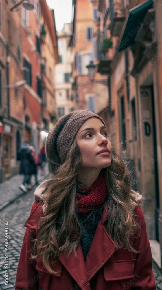 Fototapeta premium A woman wearing a red coat and a hat