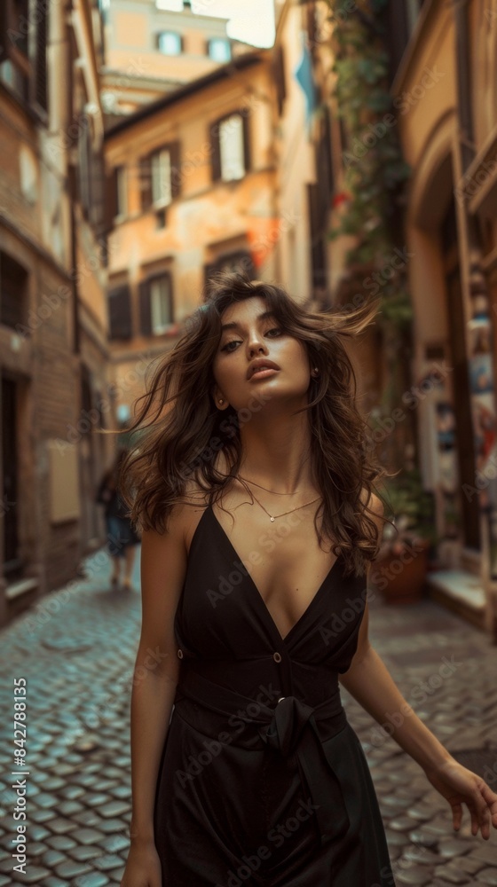 A woman in a black dress walking down a cobblestone street A woman in a black dress walking down a cobblestone street