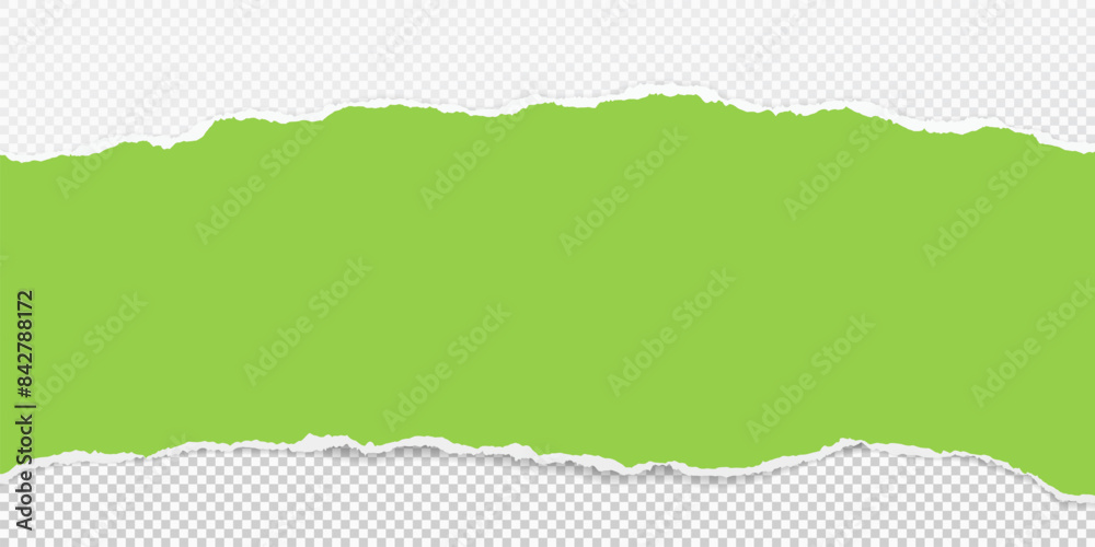 Green paper strip with torn edge and soft shadow is on squared background for text or ad.