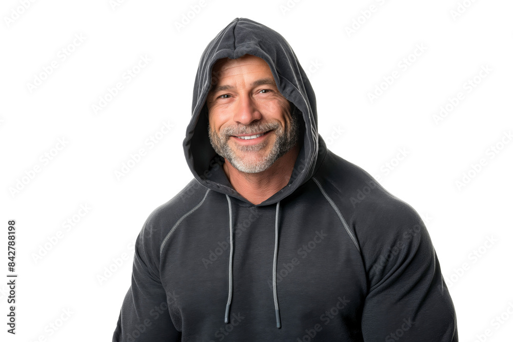 Smiling Muscular Senior Man in Black Hoodie on White Background Smiling Muscular Senior Man in Black Hoodie on White Background