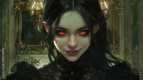 Gothic female vampire with red eyes in a dark, baroque-style room. Concept of fantasy creatures, horror, supernatural themes, gothic design. Halloween