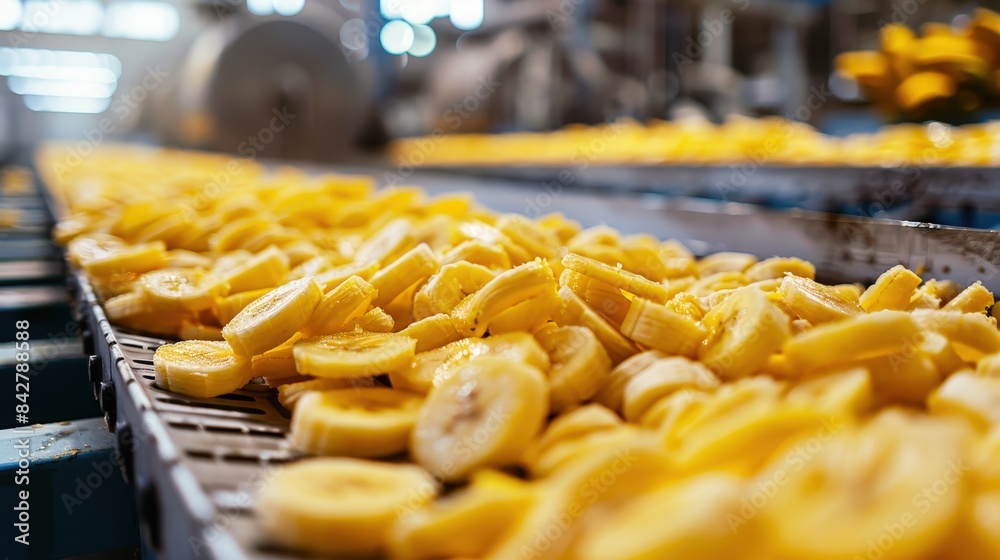 banana slices on the production line in a fruit factory, industry food concept banana slices on the production line in a fruit factory, industry food concept