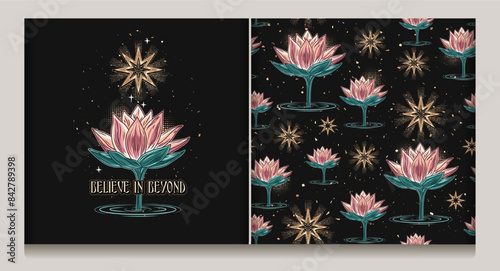 Set of mysterious seamless pattern, label with Lotus flower rising from water, shimmering golden stars, text. Mystical, spiritual, insight concept. For textile design. Colorful image in vintage style