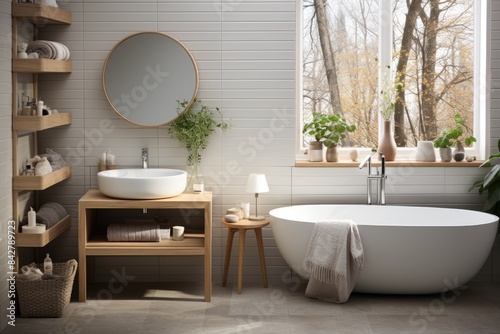 Minimalist Scandinavian bathroom with light wood and soft tones.  generative IA