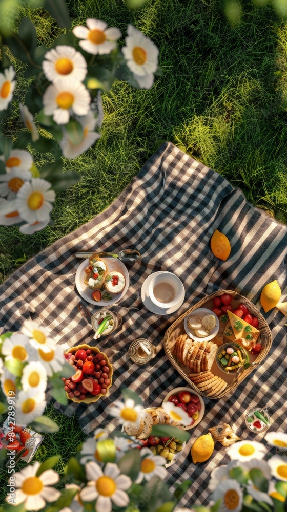 Fototapeta premium A picnic blanket with food on it in the grass