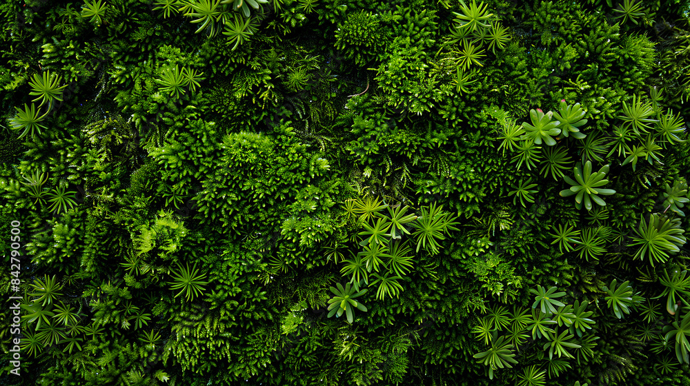 Green moss background, seamless texture of green plants, nature backdrop for banner or wallpaper. Top view of dense vegetation in a forest. High quality photo in the style of nature. Green moss background, seamless texture of green plants, nature backdrop for banner or wallpaper. Top view of dense vegetation in a forest. High quality photo in the style of nature.