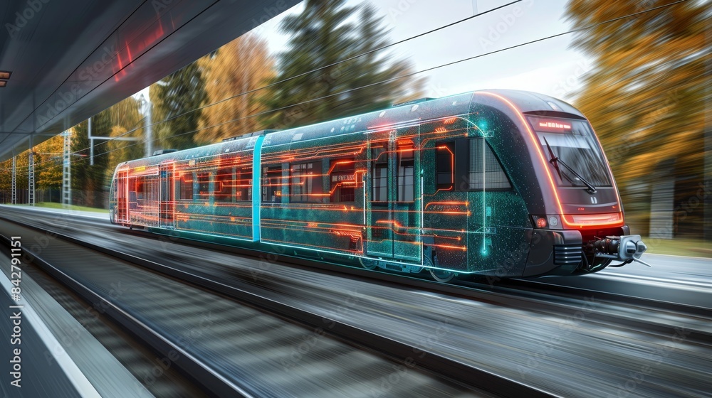 Naklejka premium Maglev technology integration high speed train network interface in urban landscape
