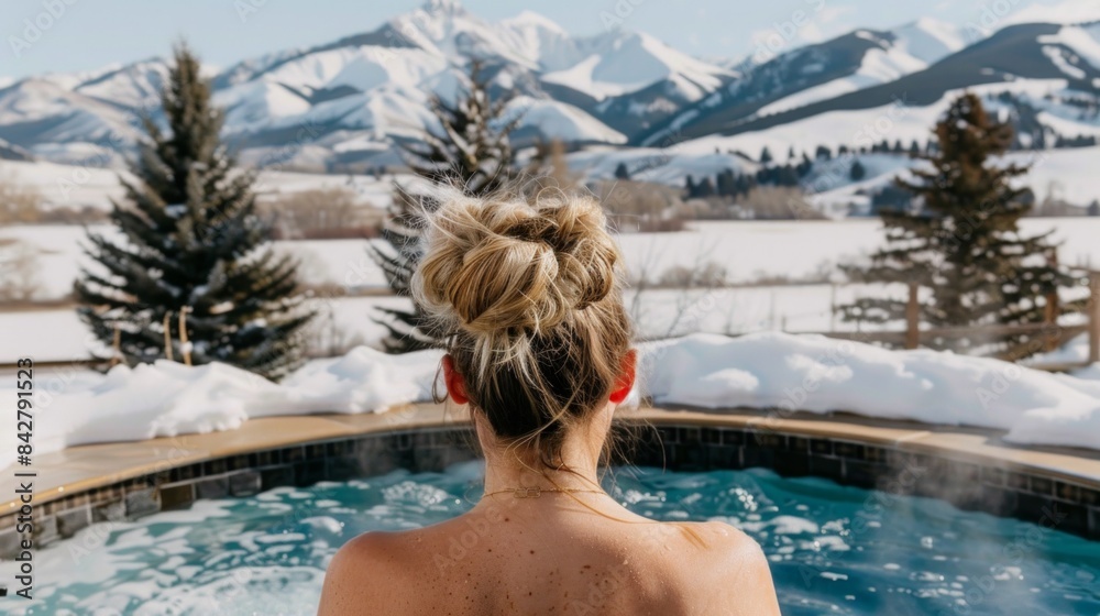 Young woman spending winter or spring vacation in luxury spa resort with swimming pool over alpine mountain landscape