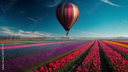 Vibrant Hot Air Balloon Soaring Over Blooming Tulip Quilt Landscape