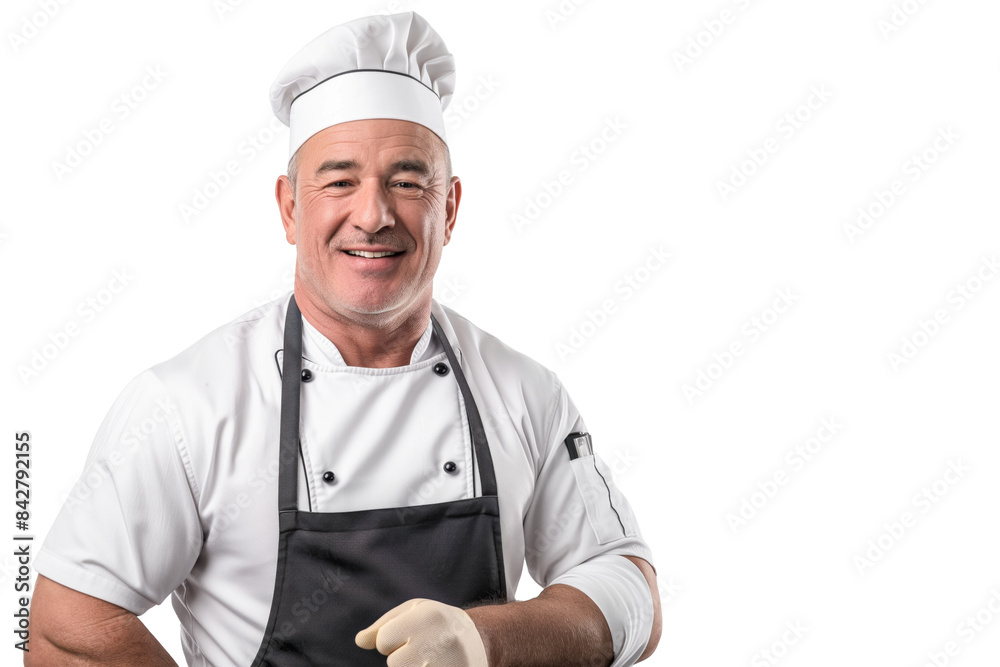 Smiling Middle-Aged Caucasian Chef in a White Uniform Smiling Middle-Aged Caucasian Chef in a White Uniform