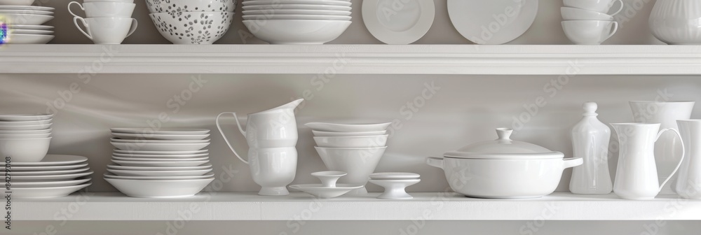Dishware set in white shelving unit, tableware shelf, kitchen interior, clean white mugs, plates, glass tableware Dishware set in white shelving unit, tableware shelf, kitchen interior, clean white mugs, plates, glass tableware