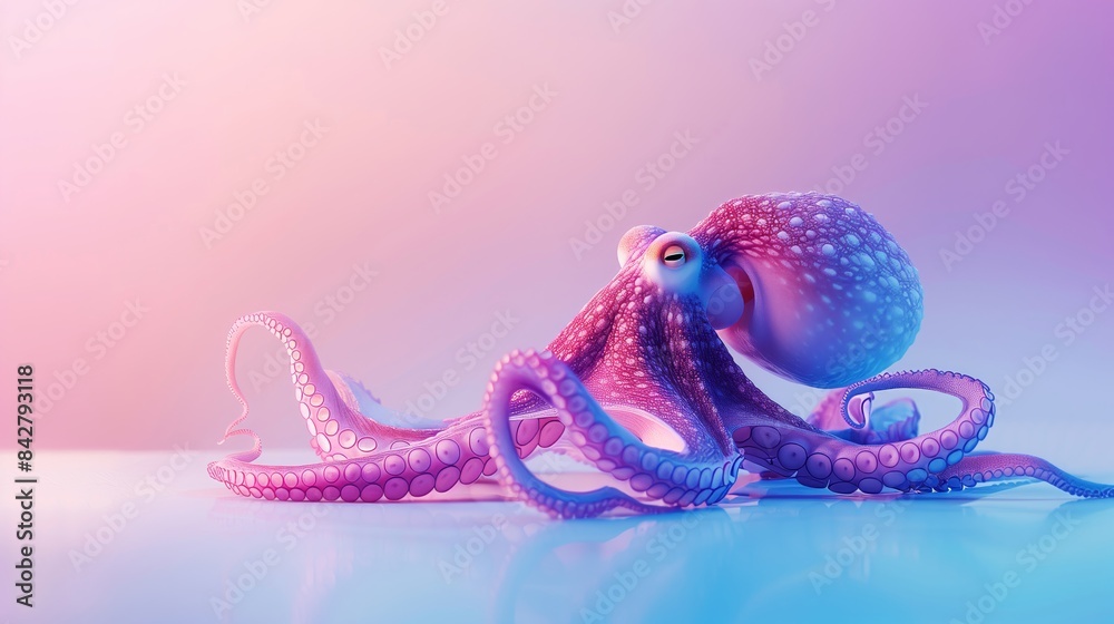 Naklejka premium Colorful 3D Octopus With Curved Tentacles Reflected On Glossy Surface Against Pink And Blue Gradient Digital Ocean Background