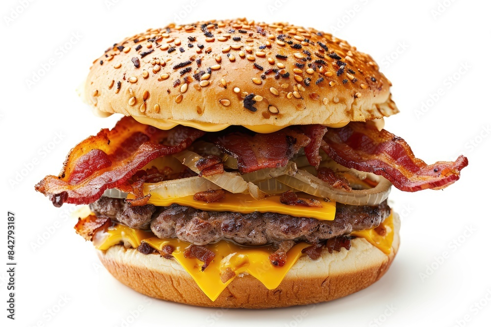 black sesame burger bun with beef patty, crsipy onion, cheddar cheese on white background black sesame burger bun with beef patty, crsipy onion, cheddar cheese on white background