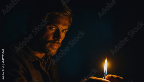 man with a candle in the dark