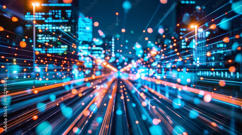 Naklejka premium Maglev technology integration high speed train network interface in urban landscape