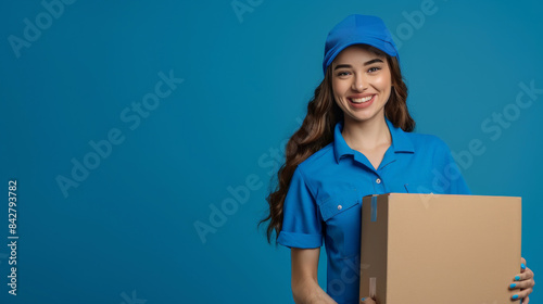 A cheerful delivery woman wearing a blue uniform holds a cardboard box against a solid blue background, smiling widely.
