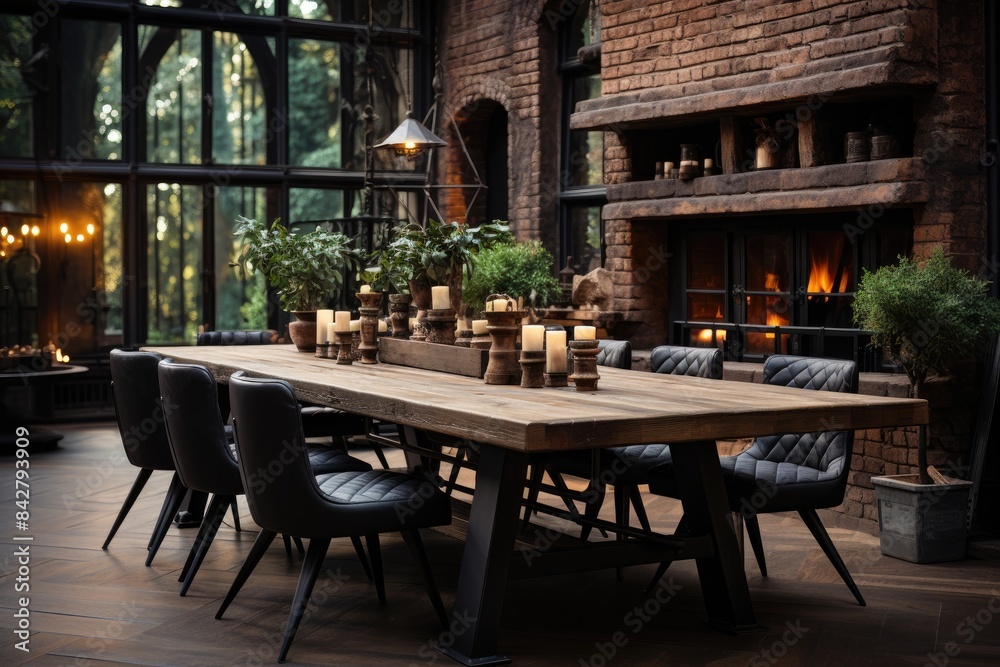 Industrial dining room with metal table and bricks., generative IA Industrial dining room with metal table and bricks., generative IA