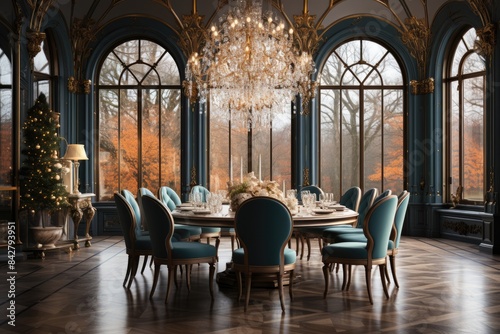 Luxurious dining room with marble table and gold details.  generative IA