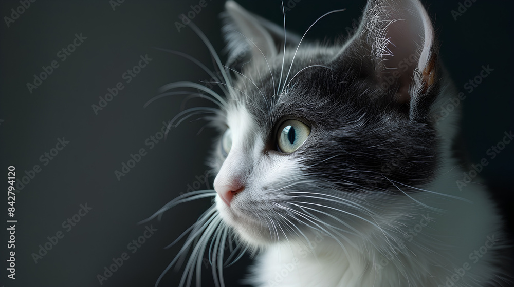  Closeup of an adorable cat, white and grey fur with black spots on its face, looking at the camera in profile. The background is dark gray to accentuate details. 