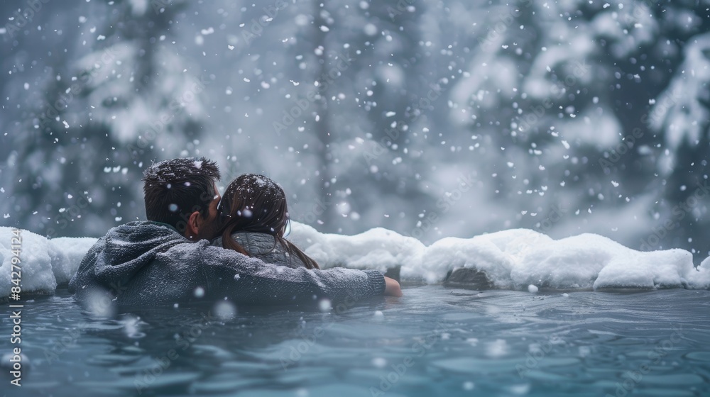 Naklejka premium A couple cuddled up in a steaming hot spring watching the snow fall around them.