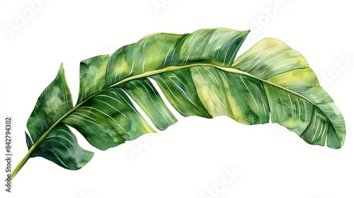 Fototapeta Naklejka Na Ścianę i Meble -  delicate watercolor painting of banana palm leaf isolated on white tropical botanical art illustration