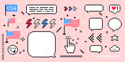 Pixel art. 4th of July text messages illustration set. USA Independence Day. American flag, balloon, pixel speech bubbles. Y2k trendy playful pixelated stickers. 8 bit retro style vector illustration