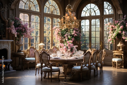 Classic dining room, vintage furniture, floral wallpaper., generative IA © JONATAS