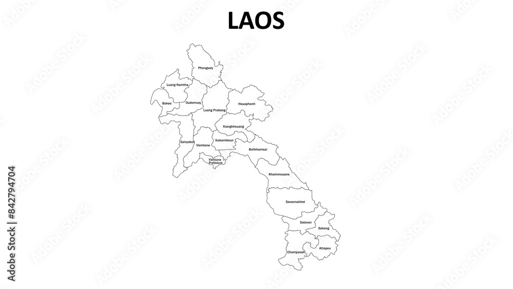 Laos Map. State and district map of Laos. Administrative map of Laos with states and boundaries in white color. Laos Map. State and district map of Laos. Administrative map of Laos with states and boundaries in white color.