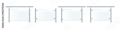 Glass or plexiglass fence with banisters. Architectural guardrail for balcony or office terrace.