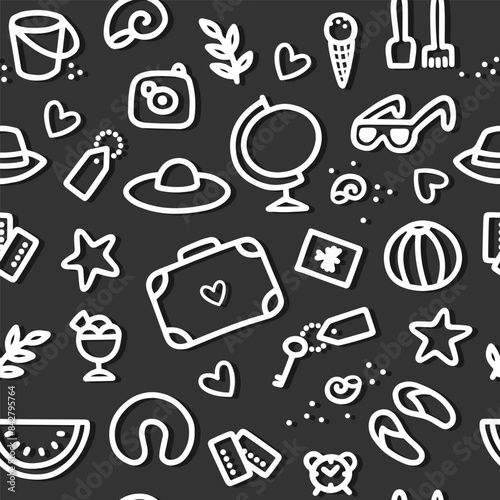Obraz na płótnie Messy white hand drawn travel vector seamless pattern with linear doodle elements on dark background w salonie