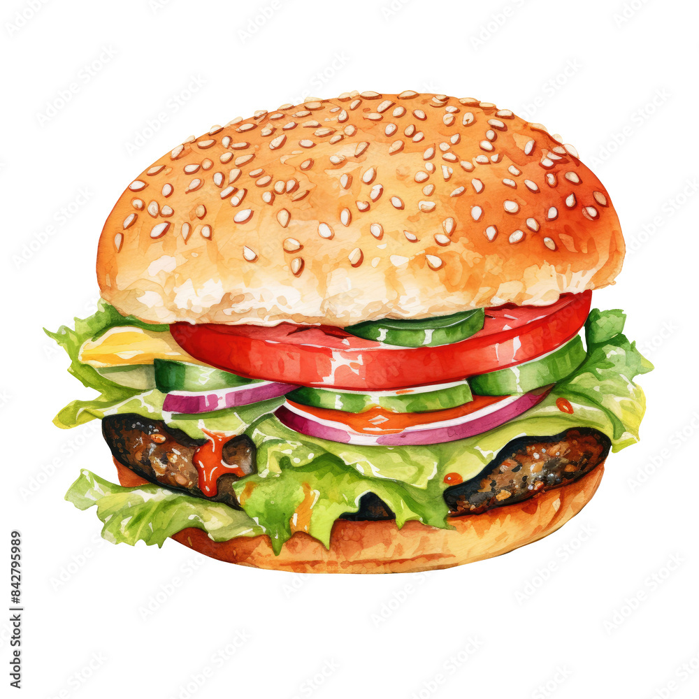 Watercolor Illustration of Mediterranean Lamb Burger Watercolor Illustration of Mediterranean Lamb Burger