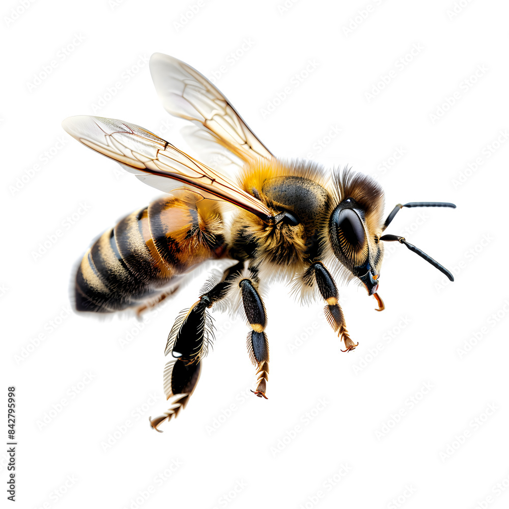 Closeup Bee is flying isolated on white background