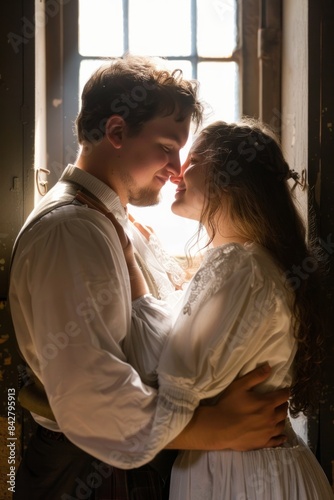 Romantic Couple Embracing by Vintage Window in Warm Light © NS