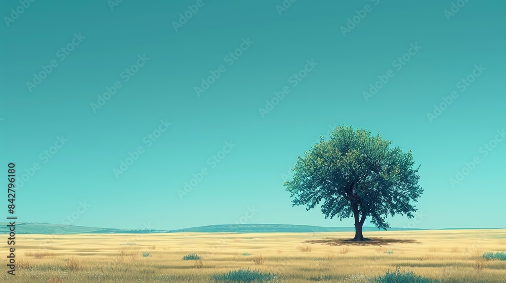 Fototapeta premium Abstract minimalist landscape with a single tree in a vast, open field under a clear sky