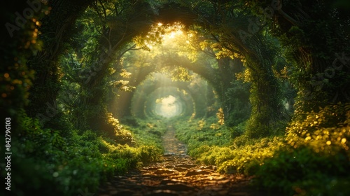 A forest path with a large archway in the middle