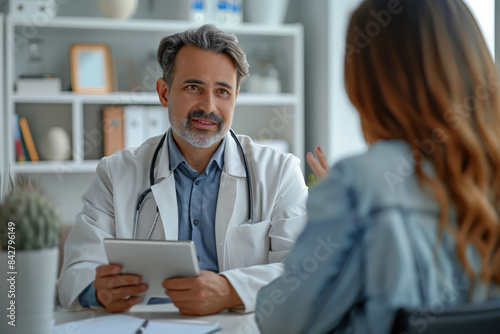 A middle-aged doctor with a beard is attending to a patient in his office. He is holding a tablet and listening attentively. Prevention and empathy in health care by a health professional.