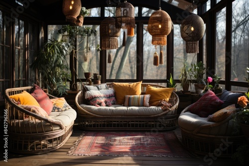 Boho balcony with ethnic rugs and handcrafted pillows., generative IA