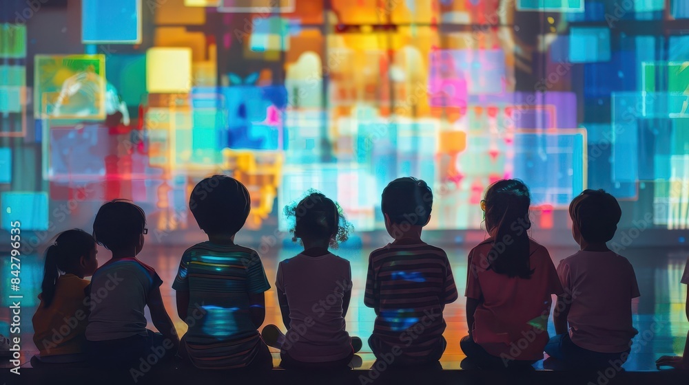 diverse group of children learning to code in a bright classroom with colorful wall projections education concept diverse group of children learning to code in a bright classroom with colorful wall projections education concept