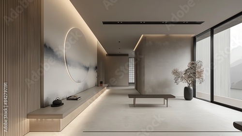 Monochrome minimalist hallway with a simple bench and an abstract wall painting