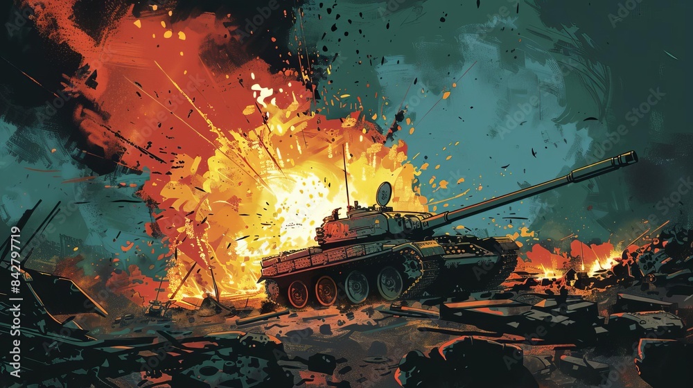 dramatic scene of military tank exploding on wartorn battlefield intense combat action illustration dramatic scene of military tank exploding on wartorn battlefield intense combat action illustration