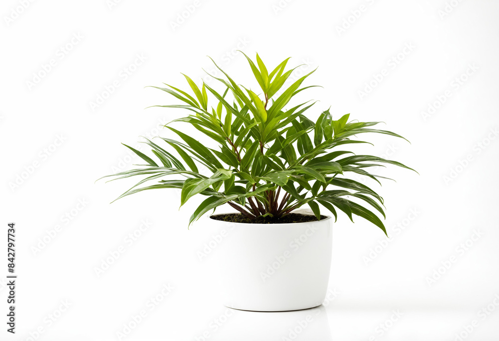 Fototapeta premium Planta de Interior con Hojas Verdes en Maceta Blanca sobre Fondo Blanco
