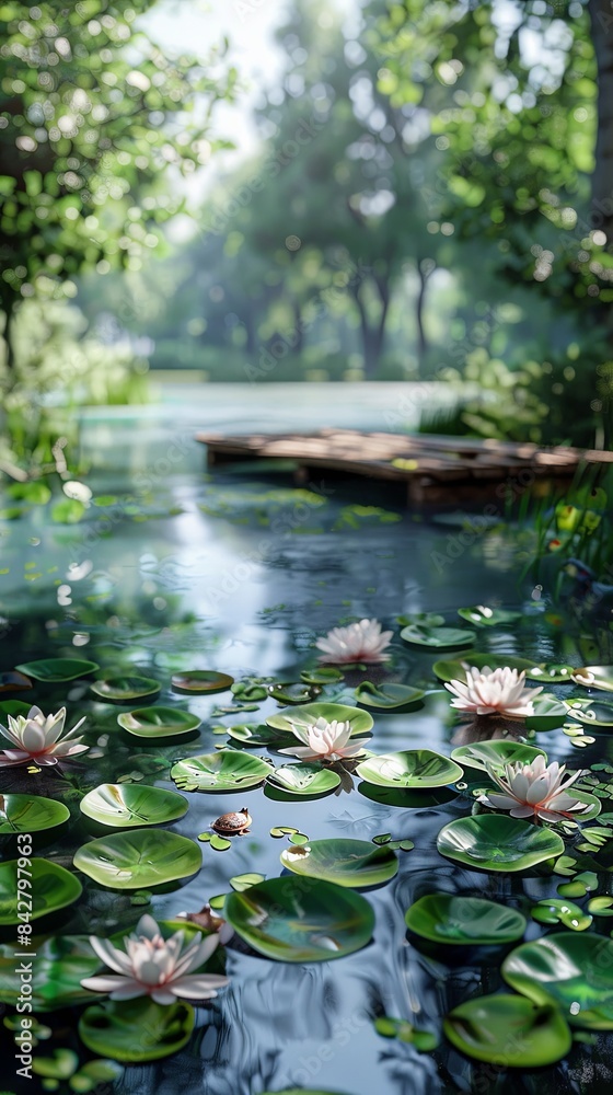 A tranquil forest pond with water lilies, frogs, turtles, and a wooden dock, realistic. A tranquil forest pond with water lilies, frogs, turtles, and a wooden dock, realistic.