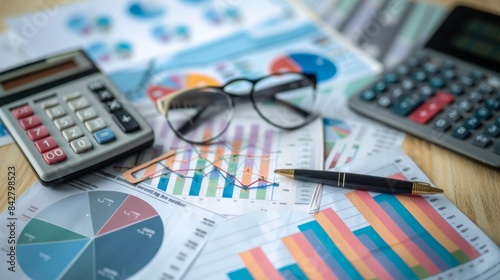 A close-up of a desk with financial graphs, retirement calculators, a pen, and glasses. The image symbolizes the analytical approach needed for financial planning