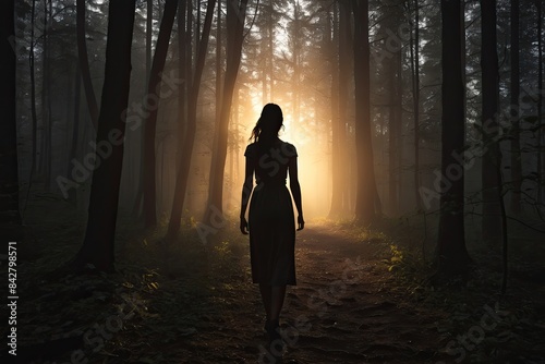 A lonely woman's silhouette among the dark trees in the fog in front in the forest.