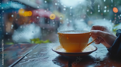 A person enjoys a steaming cup of tea while sitting at a cafe table on a rainy day