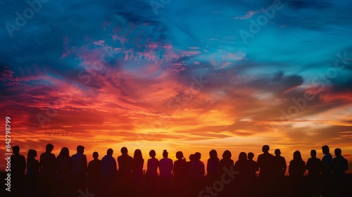 A large group of people stand in silhouette against a stunning sunset sky, their diverse profiles outlined against the colorful clouds © Ilia Nesolenyi