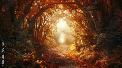 A path through a forest with a large archway in the middle